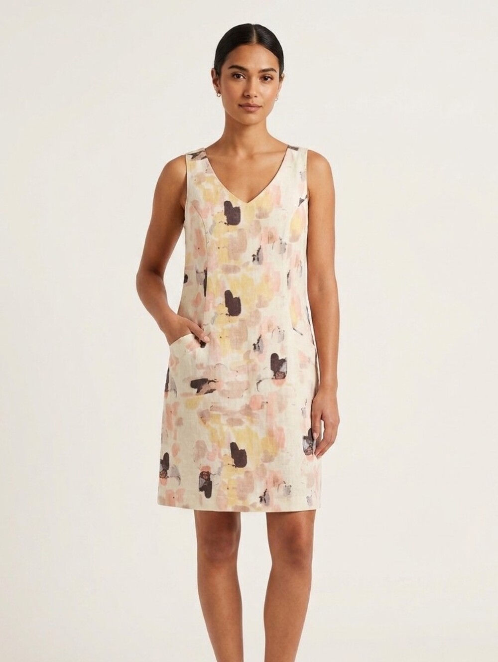 CHARLIE B 100% Linen Sleeveless Watercolor print shift dress